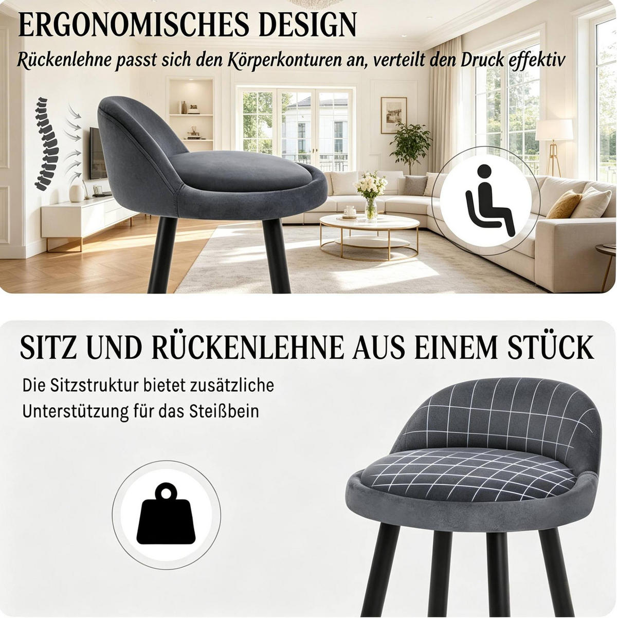 BARHOCKER mit Rückenlehne und Fußlehne Dunkelgrau Samt - Dunkelgrau, Holzwerkstoff (36.5/78.5/36.5cm) - MIVRAY