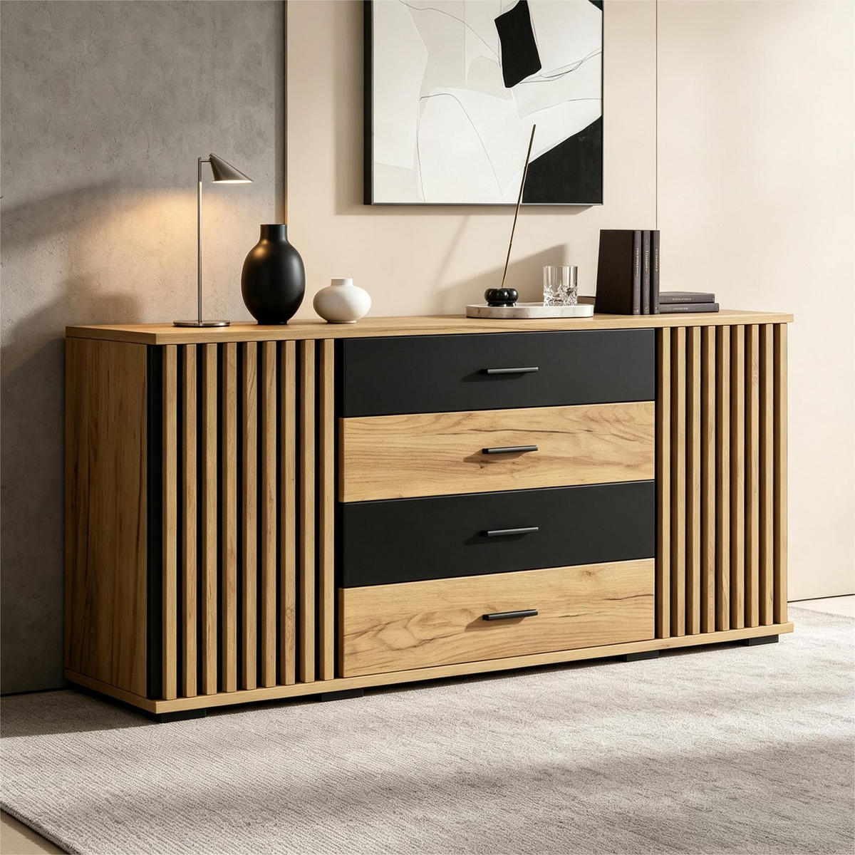 SIDEBOARD 140x35x70cm Eiche Schwarz mit 4 Schubladen - Schwarz, Holzwerkstoff (140/70/35cm) - FLIEKS