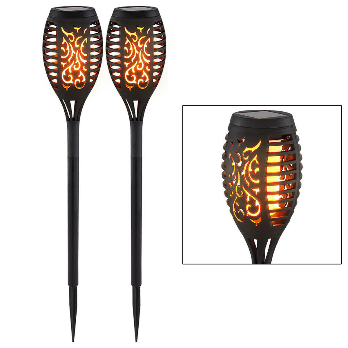 LED AUSSENLEUCHTE Solar schwarz Feuereffekt 2er Set - Schwarz, Kunststoff (7.5/7.5/51cm) - Globo Lighting