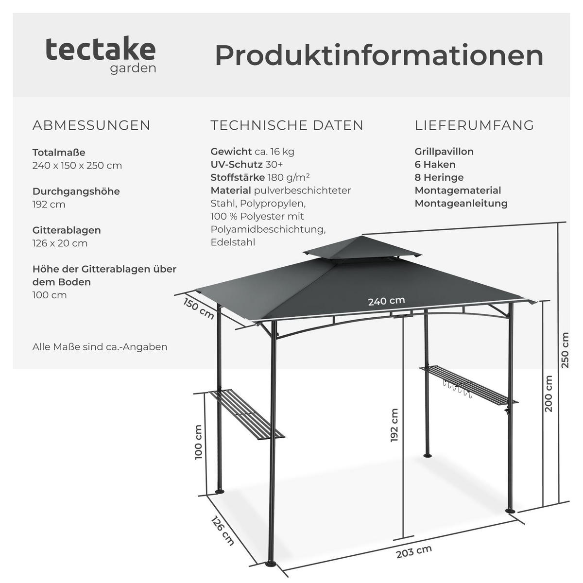 GRILLPAVILLON Maracaibo, 240 x 150 x 250 cm, anthrazit - Anthrazit, Kunststoff (150/250/240cm) - tectake