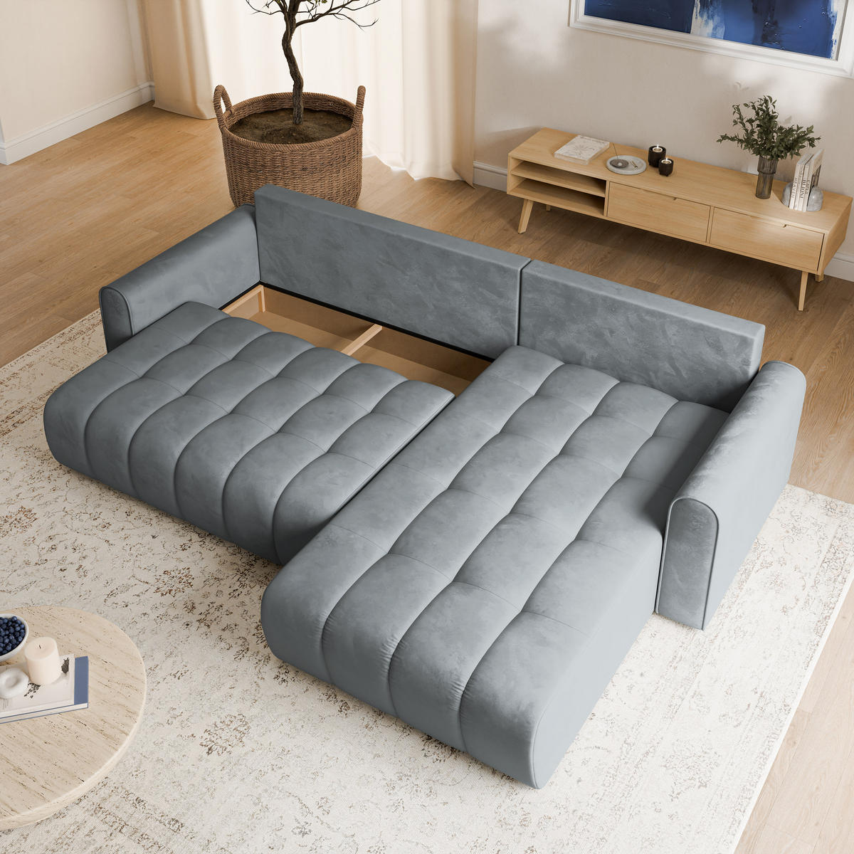 ECKSOFA FRIGA Grau Velours-Stoff mit Schlaffunktion - Grau, Holz (283/185cm) - MASSENO