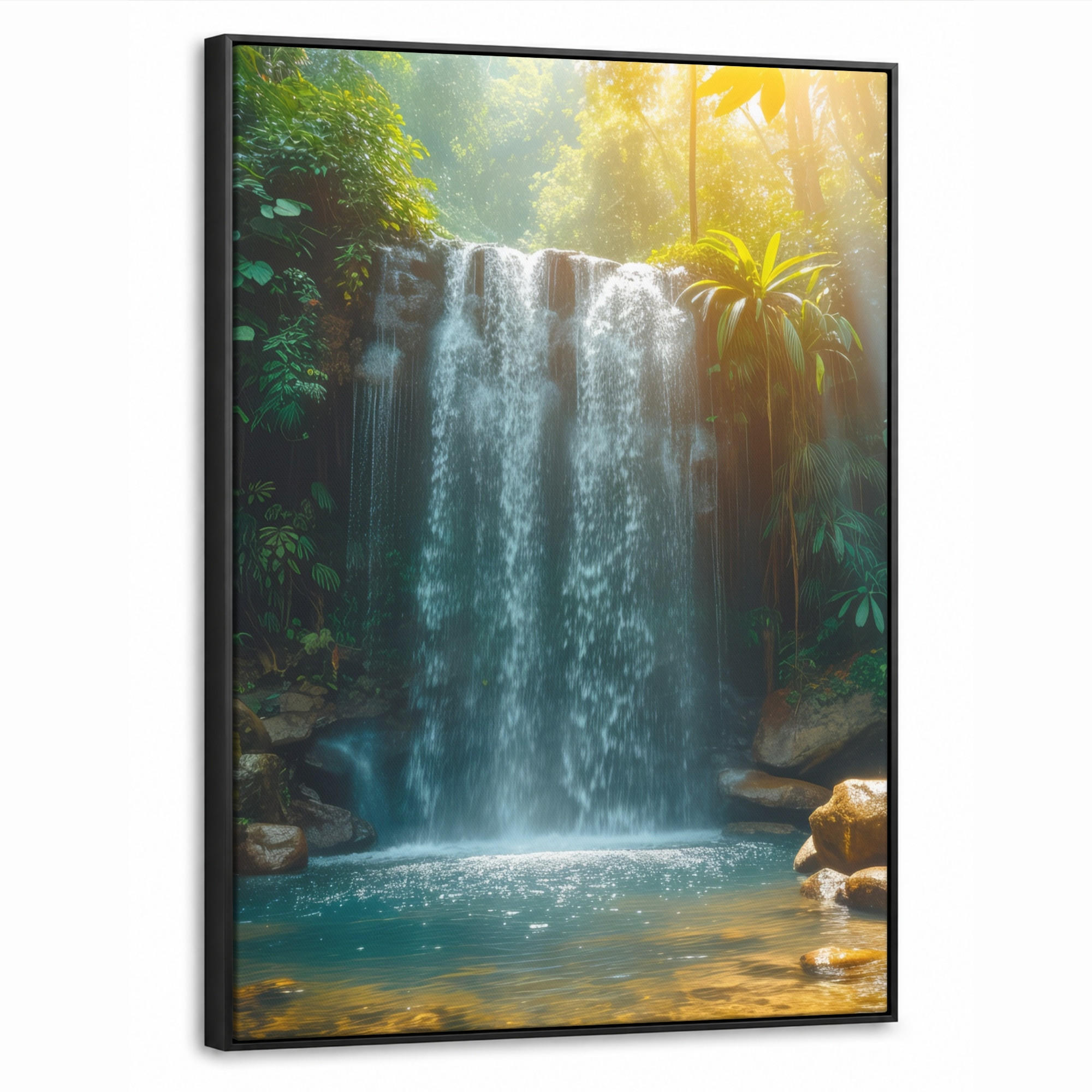 LEINWAND Bilder mit Rahmen - Wasserfall - Dschungel - Sonne - Grün - Natur - 60x80 - Grün, Textil (60/80cm) - MuchoWow