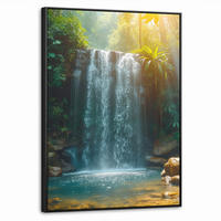 LEINWAND Bilder mit Rahmen - Wasserfall - Dschungel - Sonne - Grün - Natur - 50x70 - Grün, Textil (50/70cm) - MuchoWow