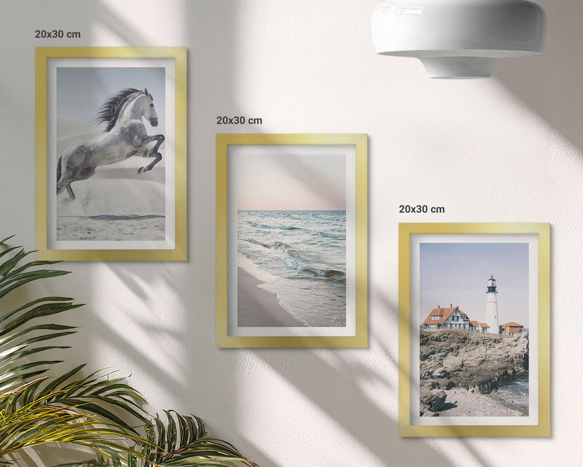 WANDBILDER 3er Set - 20x30 cm Goldrahmen - Pferde, Strand, Leuchtturm, Wellen - Goldfarben, Kunststoff (20/30cm) - ArtPrintCave