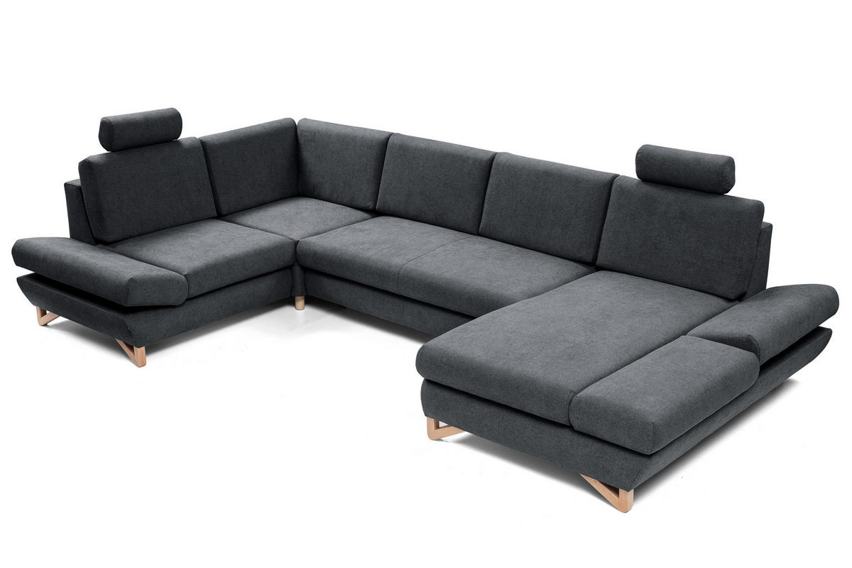 WOHNLANDSCHAFT CASA IV L-S Anthrazit Plüsch-Stoff mit Schlaffunktion - Anthrazit, Holz (344/100/199cm) - MASSENO