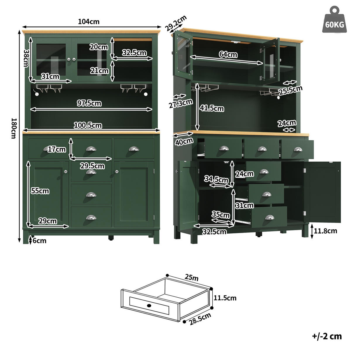 BUFFETOVÁ skrinka 104/40/180 cm zelená z MDF s LED osvetlením a držiakmi na nápoje - zelená, kompozitné drevo (104/180/40cm) - OKWISH