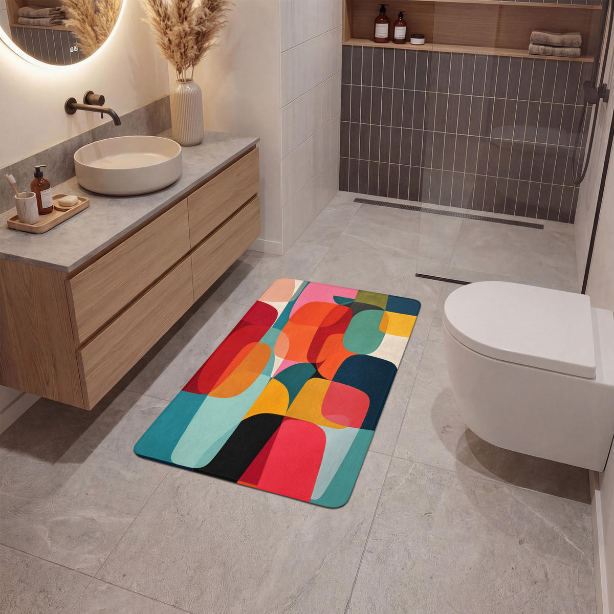 KOUPELNOVÁ PŘEDLOŽKA Tvary - barevné - abstraktní - letadla 60x90 cm - různobarevná, textil/plast (60/90cm) - OnlyWow