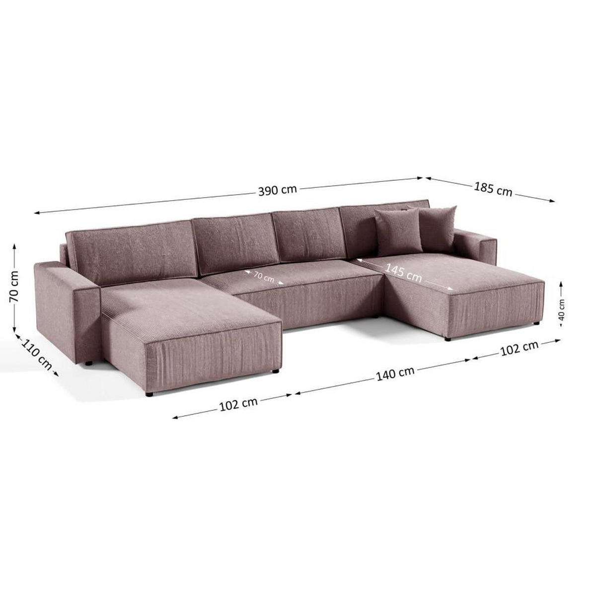 WOHNLANDSCHAFT Parys U mit Schlaffunktion rosa - Schwarz/Rosa, Kunststoff/Textil (390/70/185cm) - Beautysofa