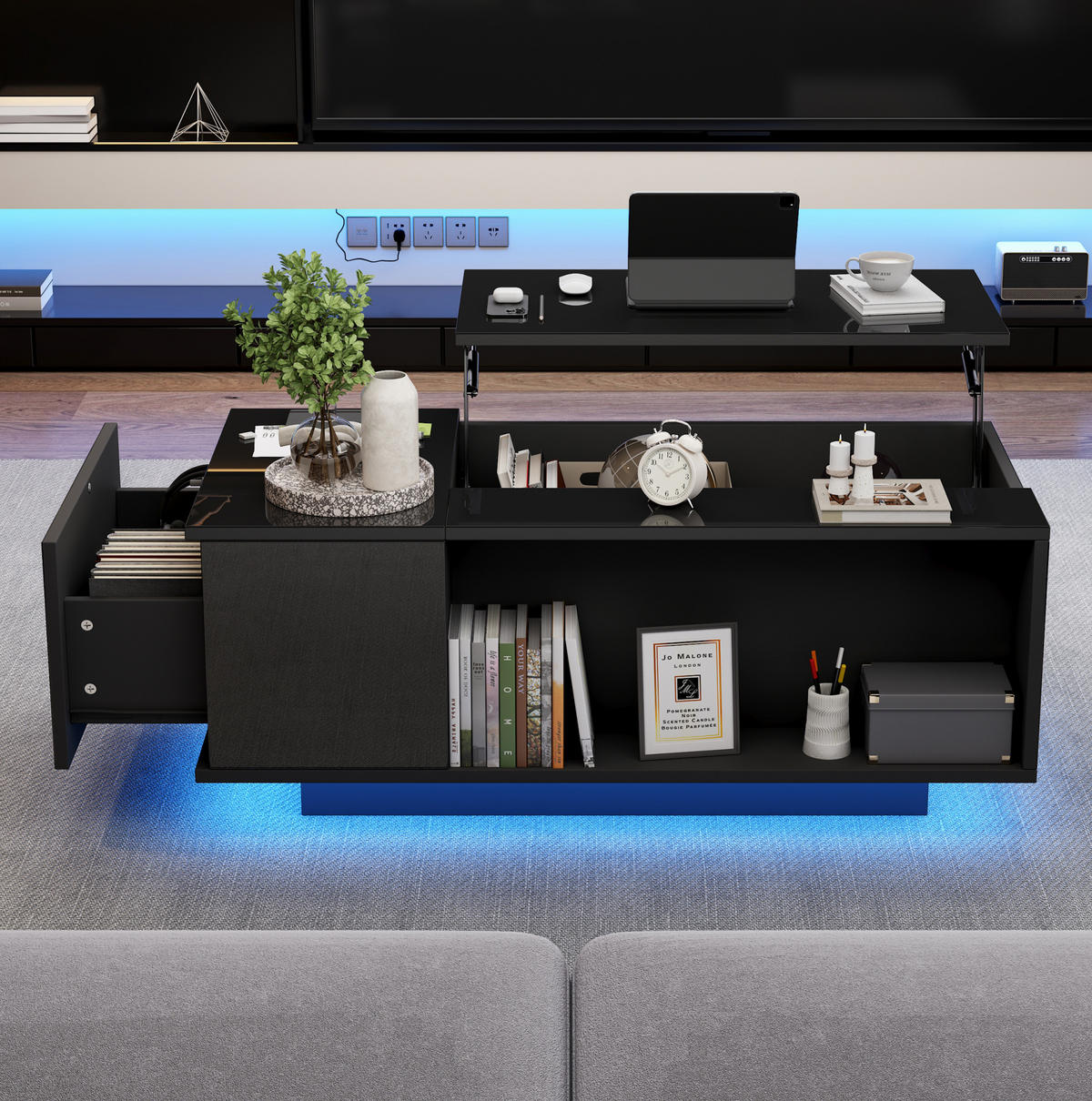 KLUB stolić 100/50/40 cm crni od iverice s podiznom pločom i LED rasvjetom - crna, drvni materijal (100/50/40cm) - OKWISH