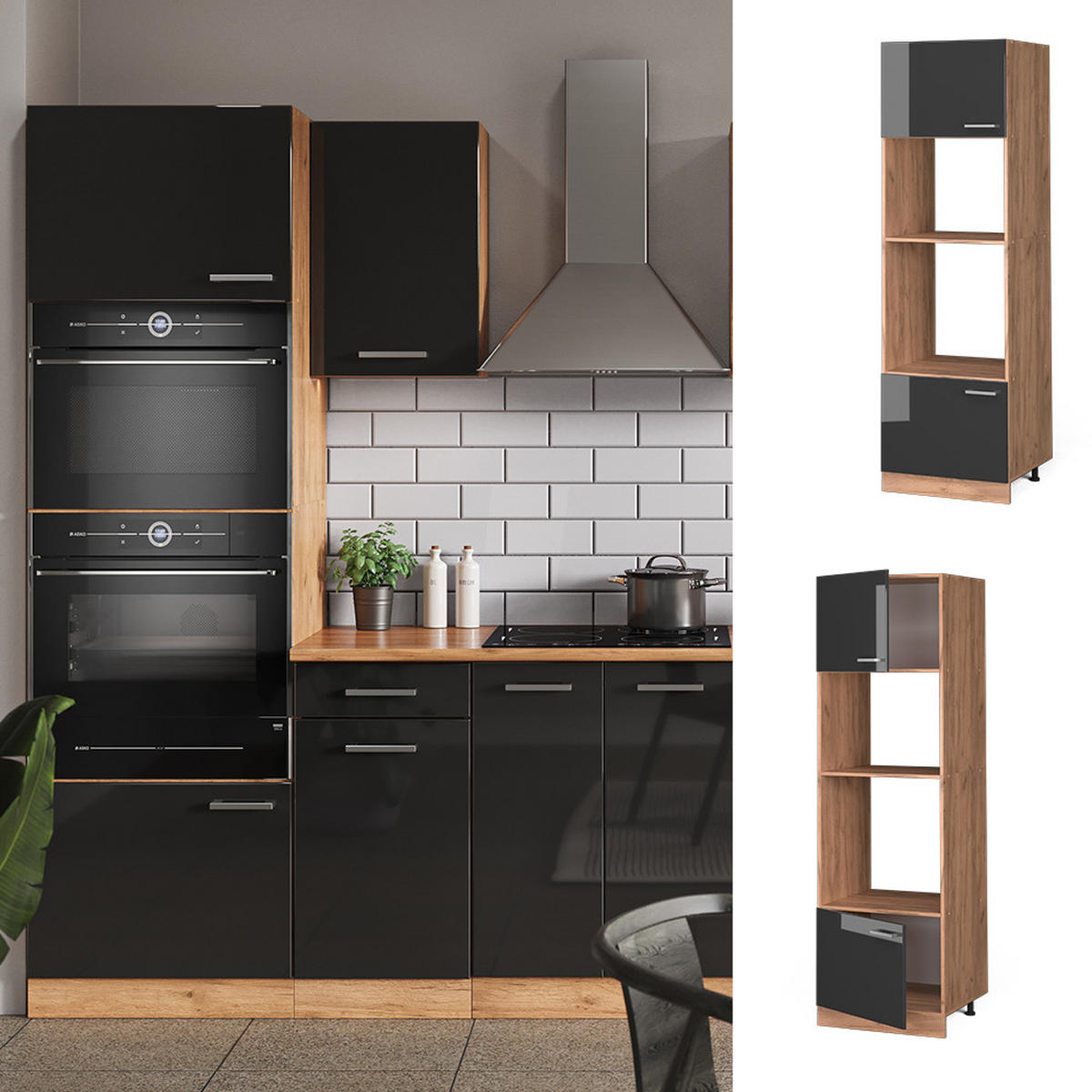 MIKROWELLENSCHRANK R-Line Anthrazit Hochglanz 60 cm - Honigeiche/Schwarz Hochglanz, Holzwerkstoff (60/206.8/57.2cm) - Vicco