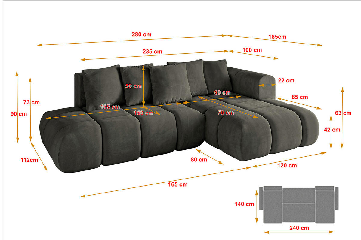 ECKSOFA Ottomane Rechts CLOUD-L-v1 280x185x90 Schwarz Velours - Schwarz, Holzwerkstoff/Kunststoff (185/280cm) - ALTDECOR