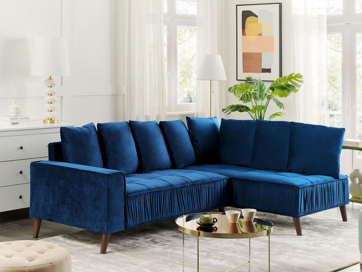 3-SITZER-ECKSOFA Samtstoff Marineblau rechtsseitig Grena - Hellblau, Textil (231/152cm) - Beliani