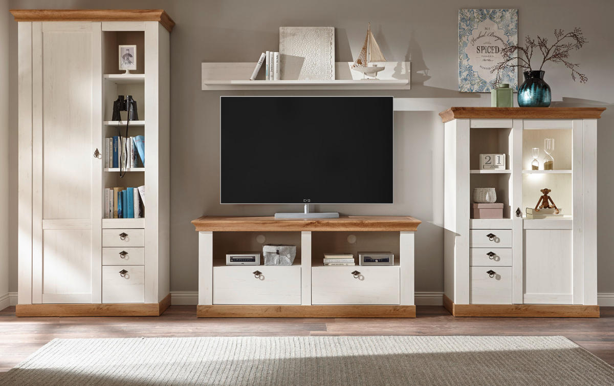 WOHNWAND weiß Pinie, Eiche Landhaus 376 cm 4-teilig, Schrankwand im Landhaus-Stil - Silberfarben/Eiche Wotan, Glas/Holzwerkstoff (376/376/52cm) - Furn.Design