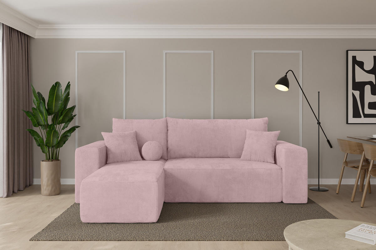 ROHOVÁ SEDAČKA s funkcí spaní, otoman vlevo SENO-L 249x139x85 růžová manšestr - růžová/černá, kompozitní dřevo/textil (249/139cm) - ALTDECOR