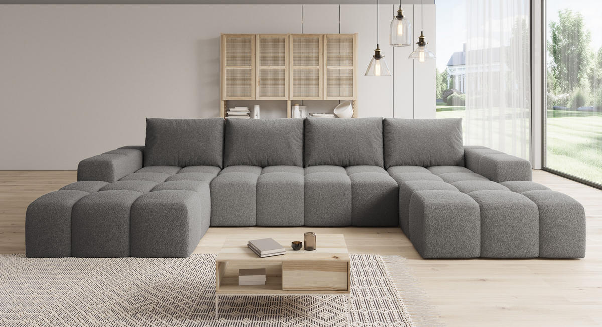 WOHNLANDSCHAFT Cento, Couch U-Form, Teddy-Bouclé, 360x57x180 cm, Dunkelgrau - Dunkelgrau, Holz (360/56/180cm) - PROMETO Möbel