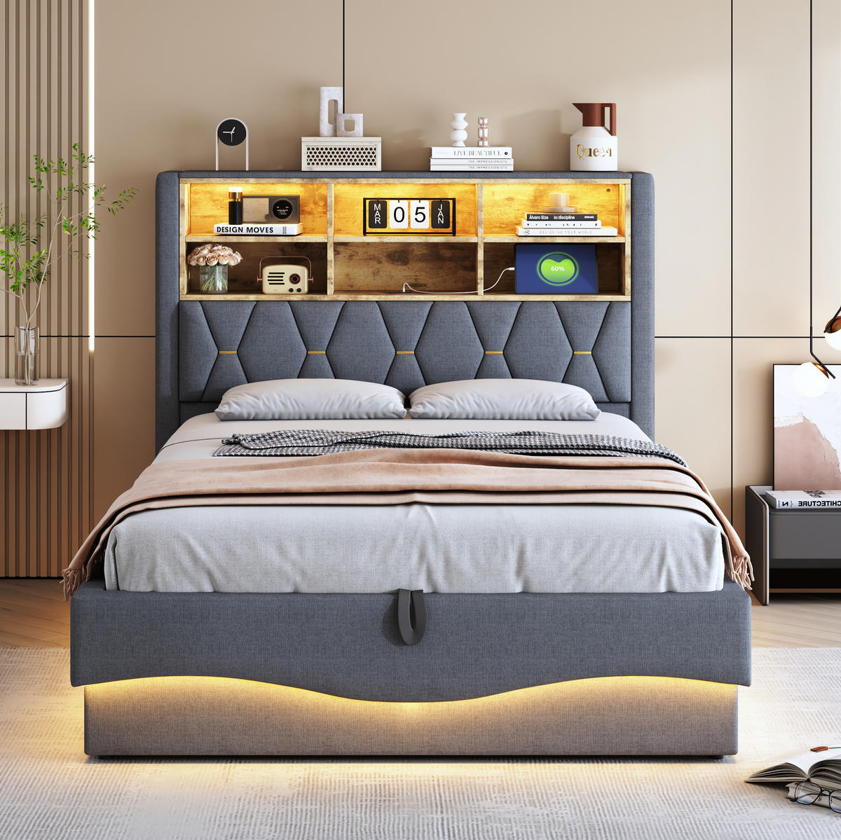 POLSTERBETT aus Leinen, Metall und Holzwerkstoffen 140x200 cm Grau mit LED-Beleuchtung, USB und Stauraum - Grau, Metall (140/200cm) - IVMEU