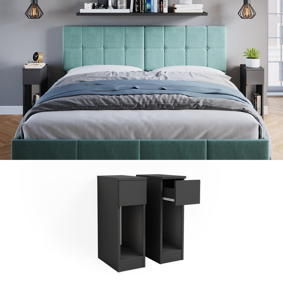 NACHTTISCH Enton Schwarz 20 x 59.5 cm 2er Set - Schwarz, Holzwerkstoff (20/59.5/35cm) - Vicco