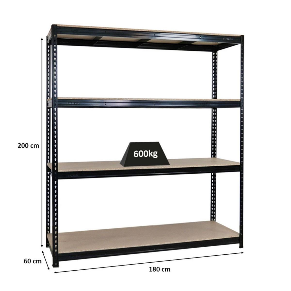 SCHWERLASTREGAL Bison 200x180x60 cm 4 Spanplatten-Ebenen 16mm Fachlast 600 kg Schwarz - Schwarz, Metall (180/200/60cm) - PROREGAL