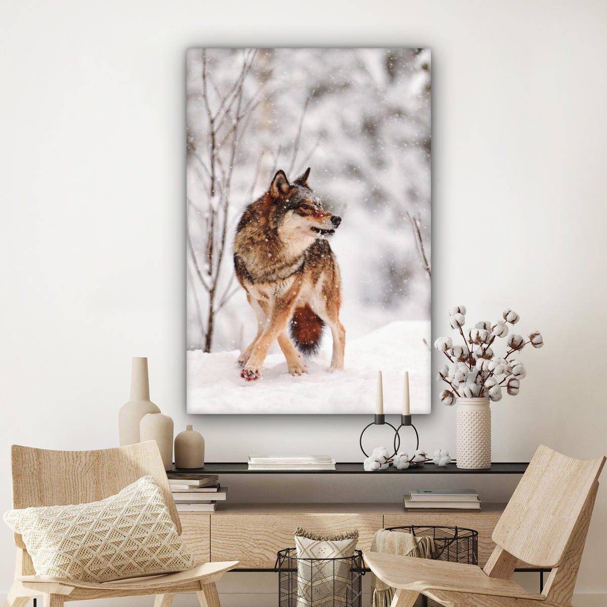 LEINWANDBILD Wolf - Winter - Schnee - Natur - Tiere 80x120 cm - Haselnussfarben, Textil (80/120cm) - MuchoWow