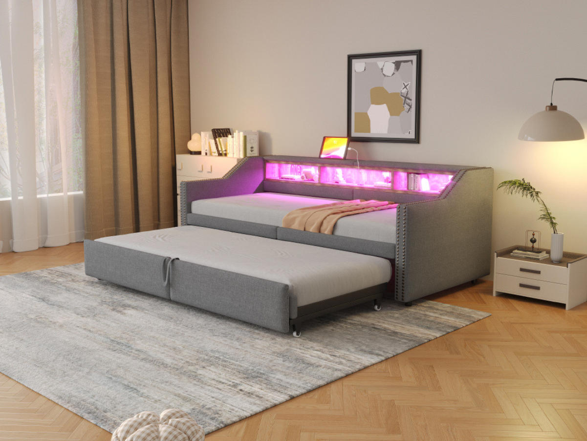POLSTERBETT 90/180/200 cm hellgrau aus Leinen mit USB und LED - Hellgrau, Textil (90/200cm) - OKMYHOME