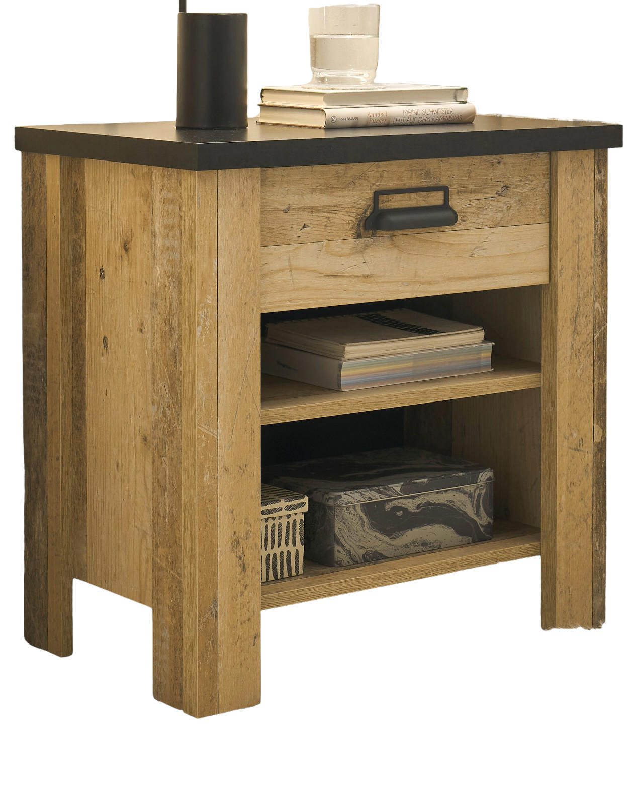 NACHTTISCH Used Wood hell, dunkles Grau 60 x 61 cm, Nachtkommode mit Schubkasten und Soft-Close - Dunkelgrau/Schwarz, Holzwerkstoff/Kunststoff (60/61/39cm) - Furn.Design