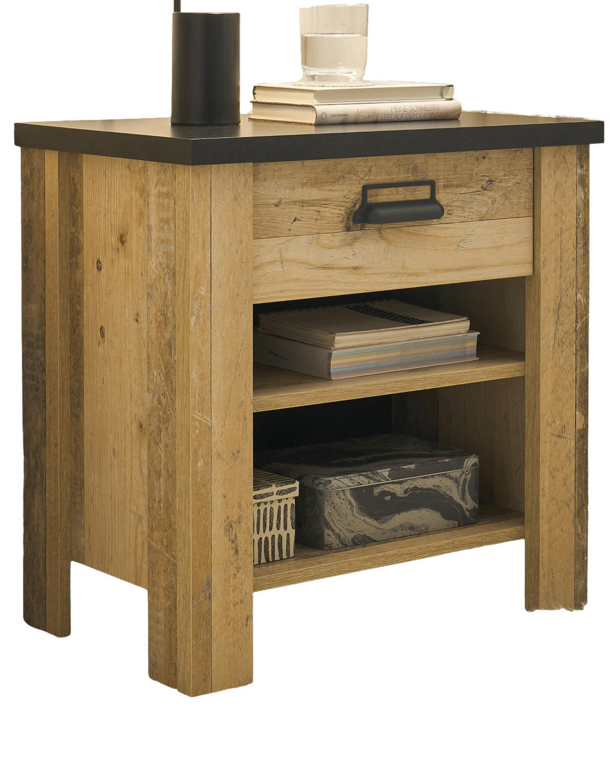 NACHTTISCH Used Wood hell, dunkles Grau 60 x 61 cm, Nachtkommode mit Schubkasten und Soft-Close - Dunkelgrau/Schwarz, Holzwerkstoff/Kunststoff (60/61/39cm) - Furn.Design