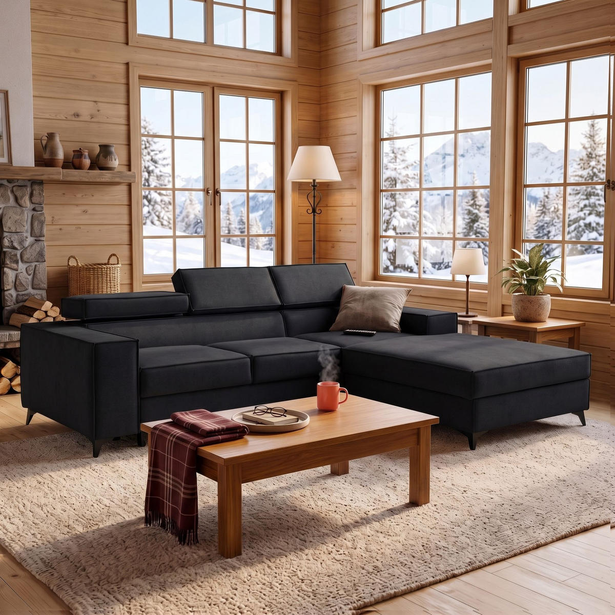 ECKSOFA PURE S Rechts mit Schlaffunktion 127x215 Velours Graphit - Graphitfarben/Schwarz, Holz/Textil (204/281cm) - Muffo