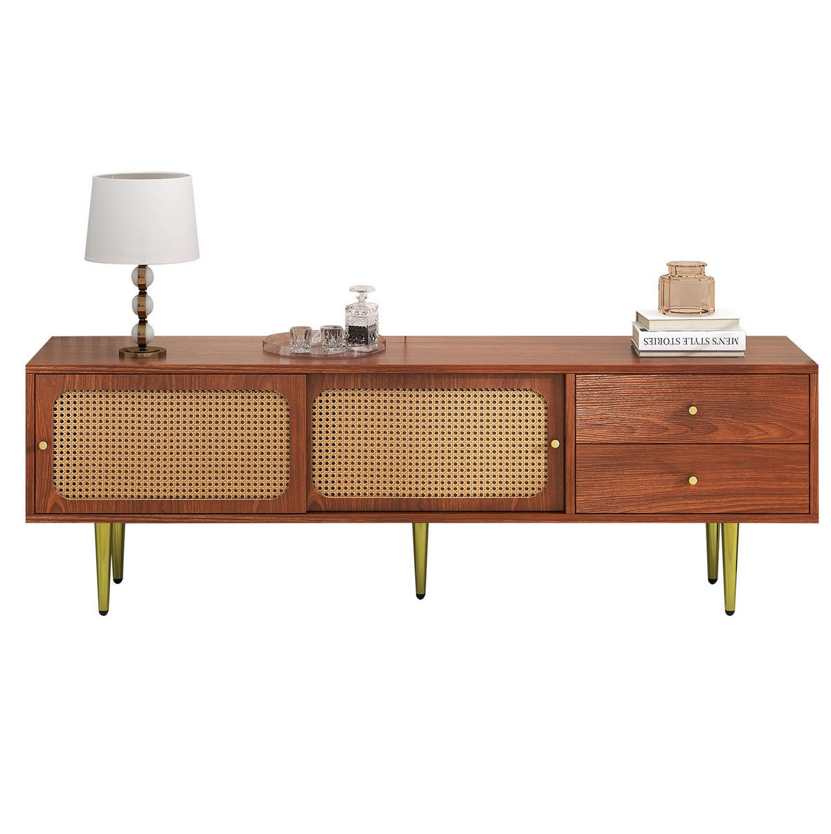 TV ormarić 160/40/60 cm orah od MDF-a s kliznim vratima od ratana i 2 ladice - bijela, drvni materijal (160/60/40cm) - OKWISH