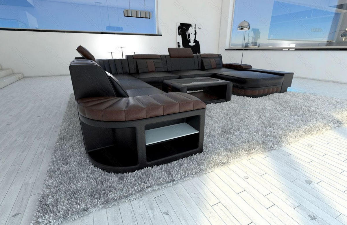 WOHNLANDSCHAFT Bellagio Schwarz Dunkelbraun Büffelleder - Schwarz, Leder (362/80/287cm)