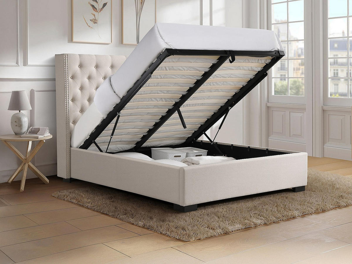 BETT mit Bettkasten - 2 Personen - Stoff - Beige - - Beige, Textil (160/200cm) - Vente-Unique