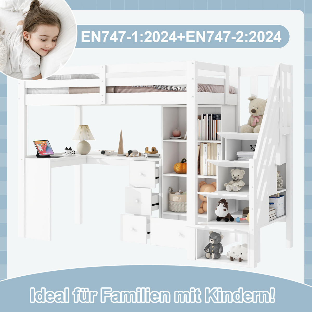 HOCHBETT 90x200cm Weiß EN747 Schreibtisch Schubladen Stauschrank - Weiß, Holz (90/200cm) - FLIEKS