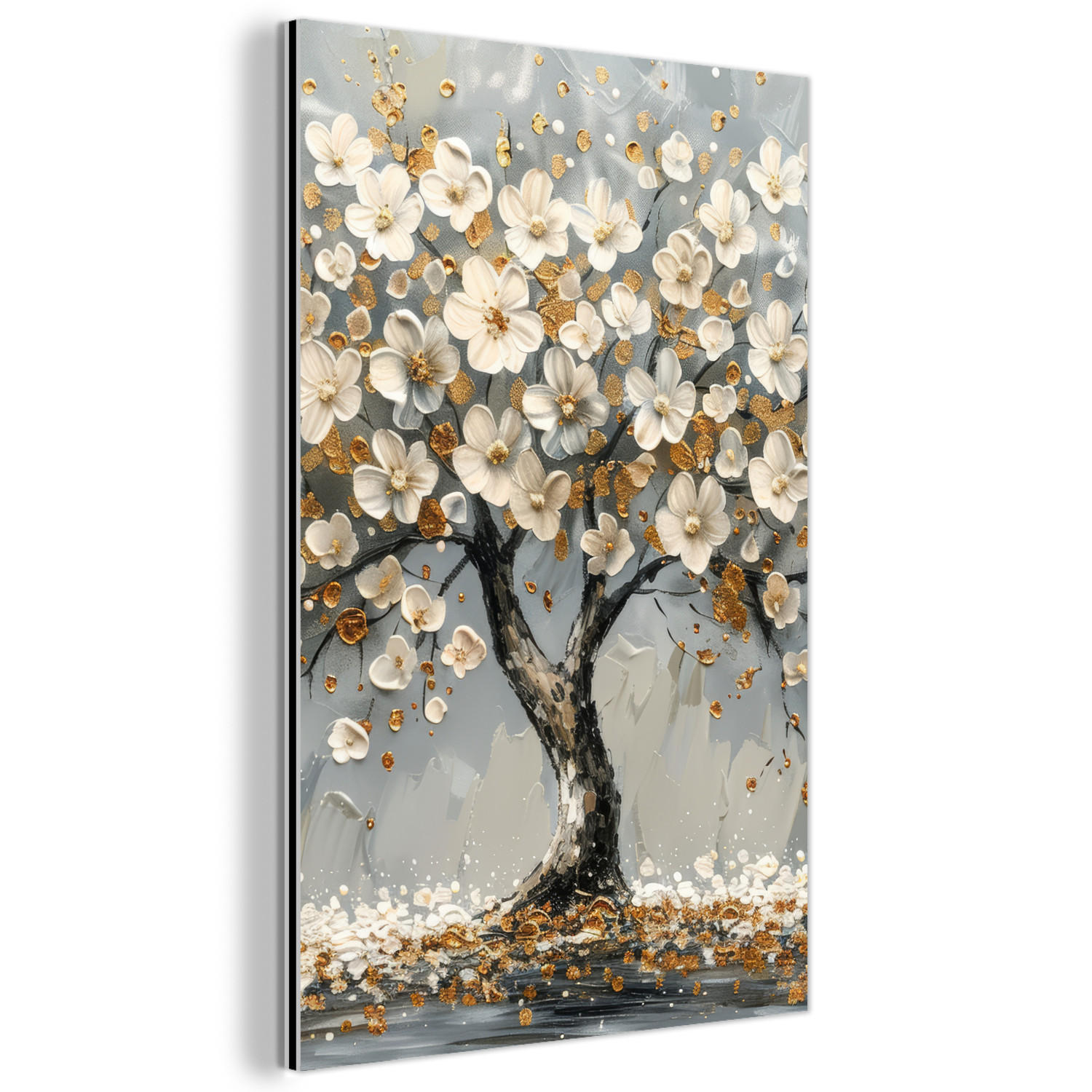 METALLBILD Baum - Blumen - Weiß - Natur - Kunst 60x90 cm - Weiß, Metall (60/90cm) - MuchoWow