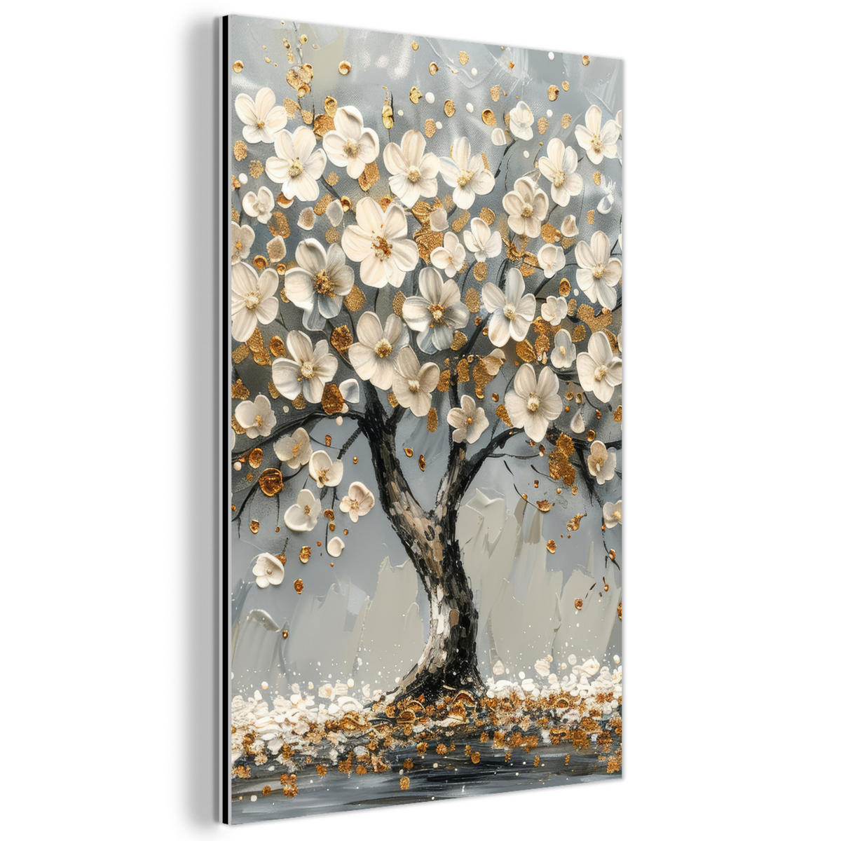 METALLBILD Baum - Blumen - Weiß - Natur - Kunst 40x60 cm - Weiß, Metall (40/60cm) - MuchoWow