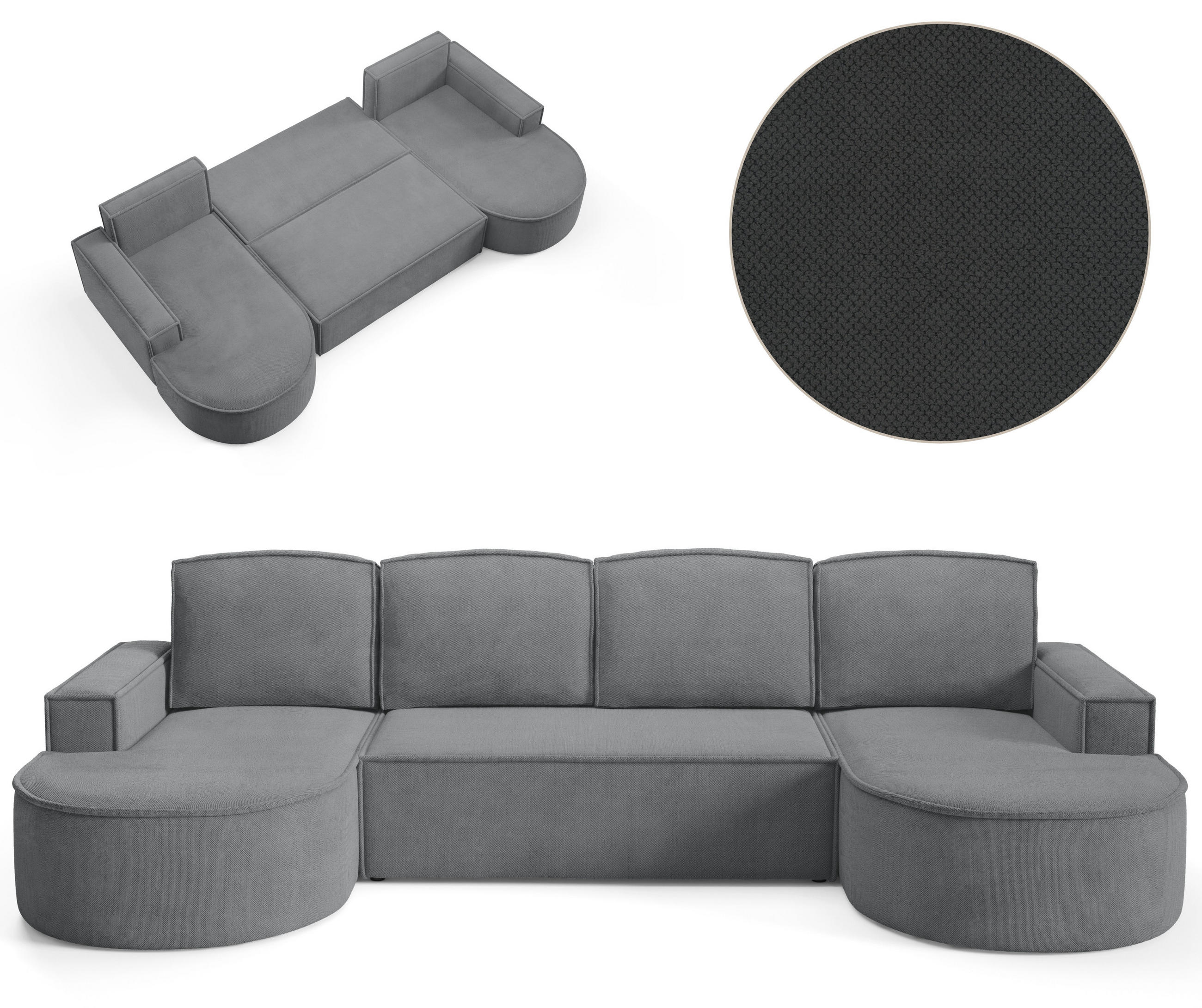 ECKSOFA MOLLY U Freistehendes, mit Schlaffunktion, 140x273cm, Bettkasten und Abnehmbaren Kissen – 316x157x88cm, Curio Stoff, Grau - Dunkelgrau, Holz/Textil (316/157cm) - DomoHome