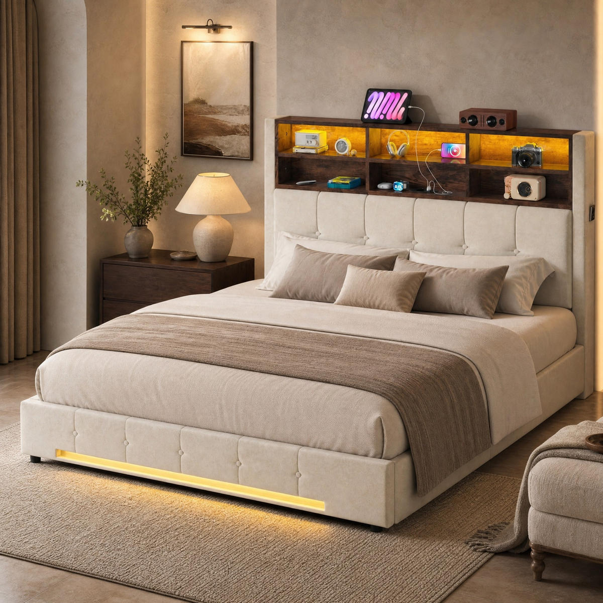 POLSTERBETT 160/200 mit 6 Fächern, USB-C, LED und hydraulischem Bettkasten in Grau - Beige, Holzwerkstoff/Textil - EVRYAE