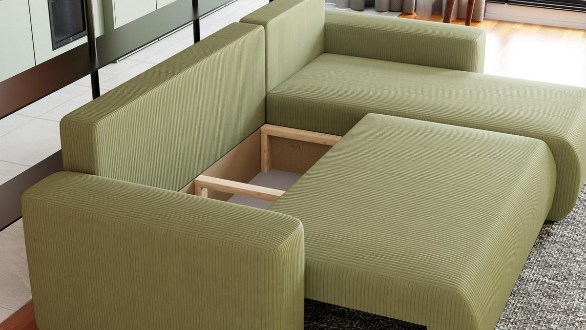 ECKSOFA Travis mit Bettkasten und Schlaffunktion, L-Form, Cord, Universal - Salbeigrün, Holzwerkstoff (248/148cm) - 4ALL HOME