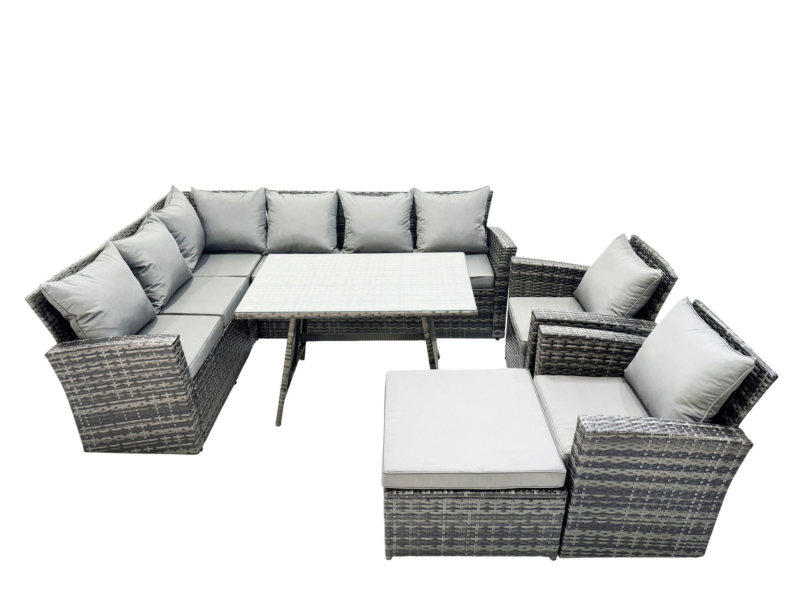 BALKONMÖBEL-SETS mit Ecksofa,Länglicher Esstisch,2 große Fußhocker,Stuhl Polyrattan Dunkelgrau 9-Sitzer - Dunkelgrau/Grau, Glas/Kunststoff - Fimous