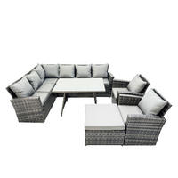 BALKONMÖBEL-SETS mit Ecksofa,Länglicher Esstisch,2 große Fußhocker,Stuhl Polyrattan Dunkelgrau 9-Sitzer - Dunkelgrau/Grau, Glas/Kunststoff - Fimous