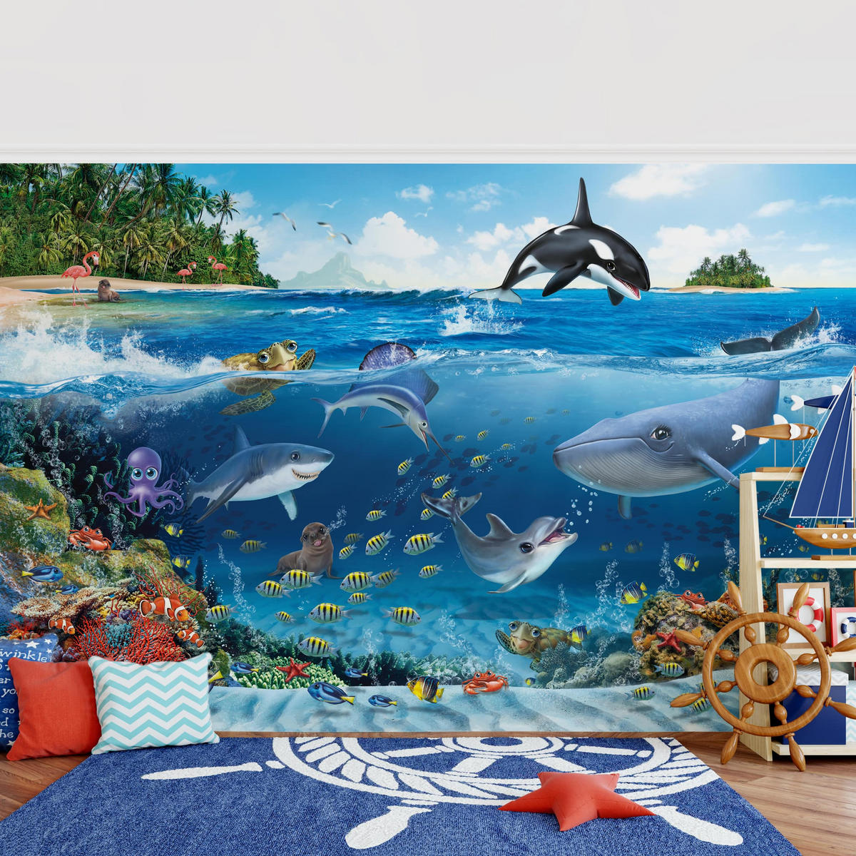 FOTOTAPETE Unterwasserwelt mit Tieren 336/225 cm - Blau, Papier (336/225cm) - Bilderwelten