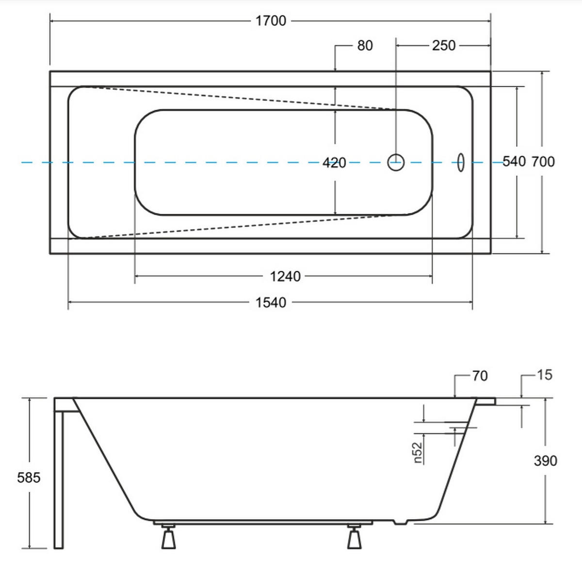 BADEWANNE Rechteck MODERN SLIM 170/70 Ablauf & Füße - Weiß, Kunststoff (70/58.5/170cm) - bad land