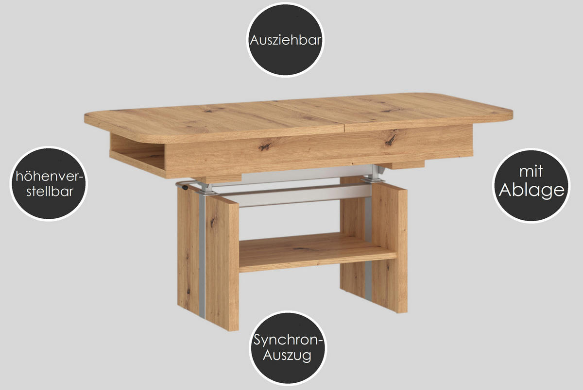 COUCHTISCH rechteckig ausziehbar höhenverstellbar Ablage 110/64/56 cm - Eichefarben, Holzwerkstoff (65/110/56cm) - designimpex