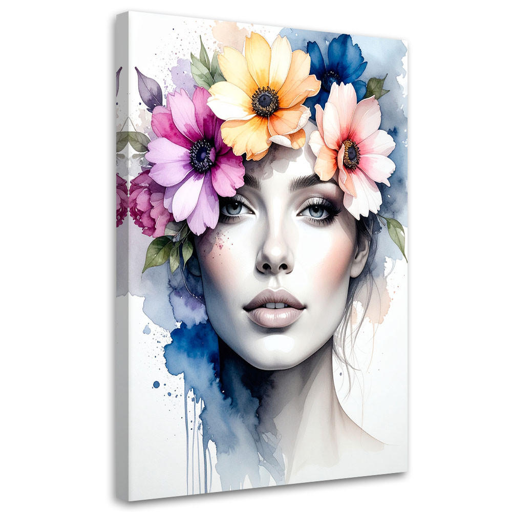 LEINWANDBILD Frau mit Blumen auf dem Kopf 80x120cm - Multicolor, Textil (80/120cm) - Feeby