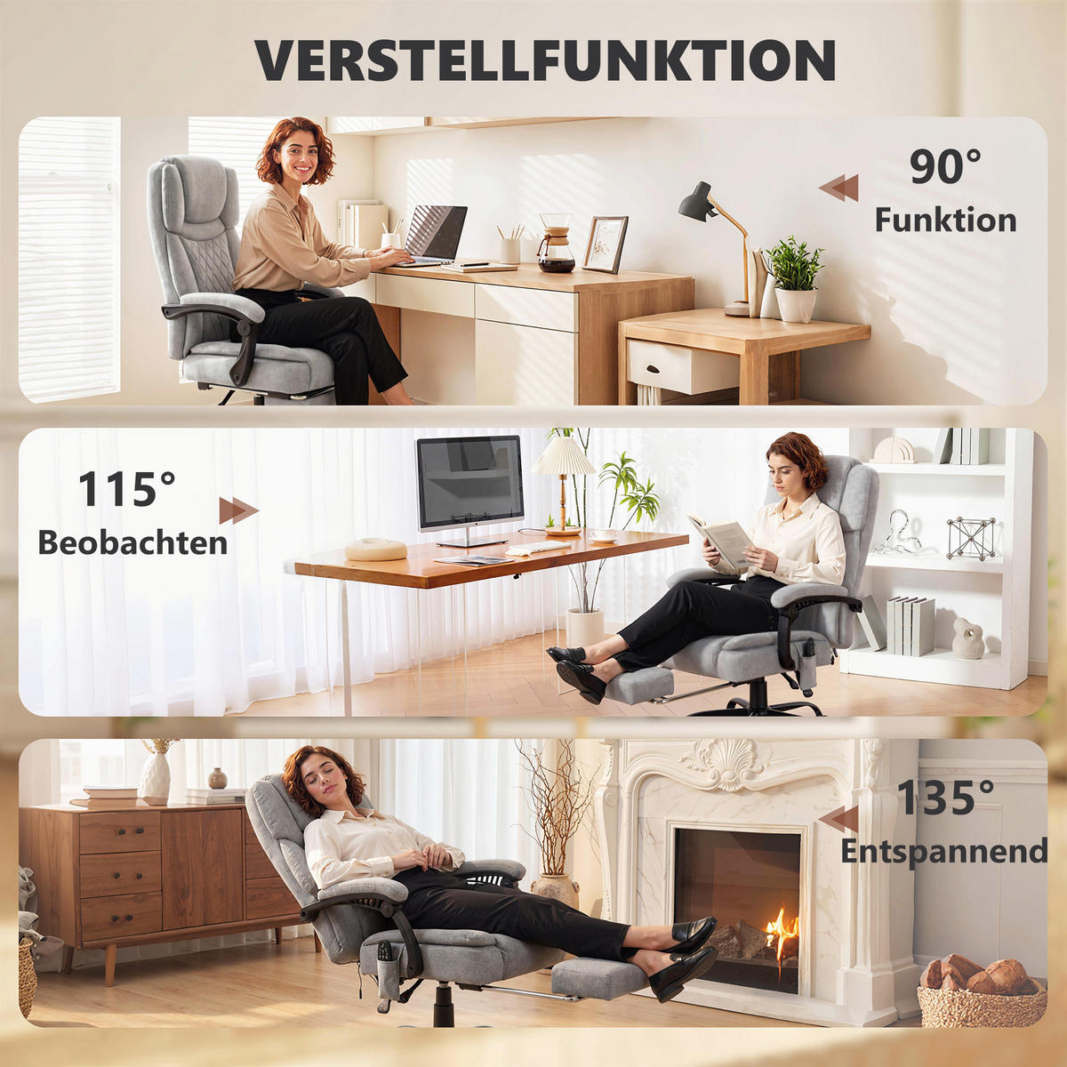 BÜROSTUHL-MIT-MASSAGEFUNKTION Polyester Grau - Grau, Textil (69.5/126/77.5cm) - HOMCOM