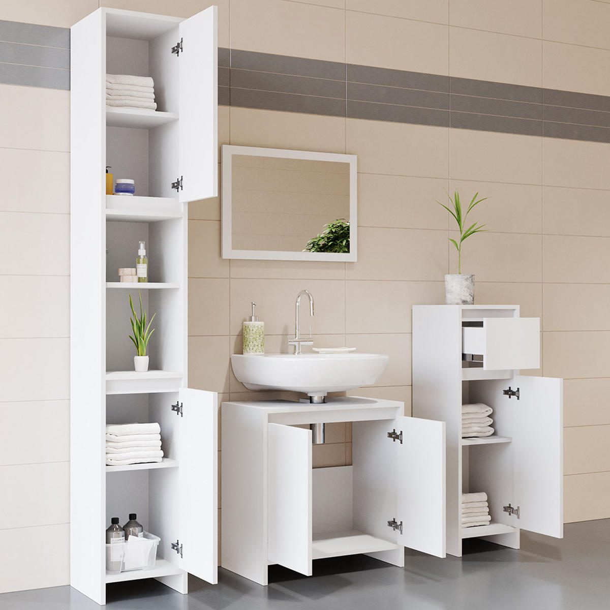 BADSCHRANK Emma Weiß 30 x 190 cm - Weiß, Holzwerkstoff (30/190/30cm) - Vicco