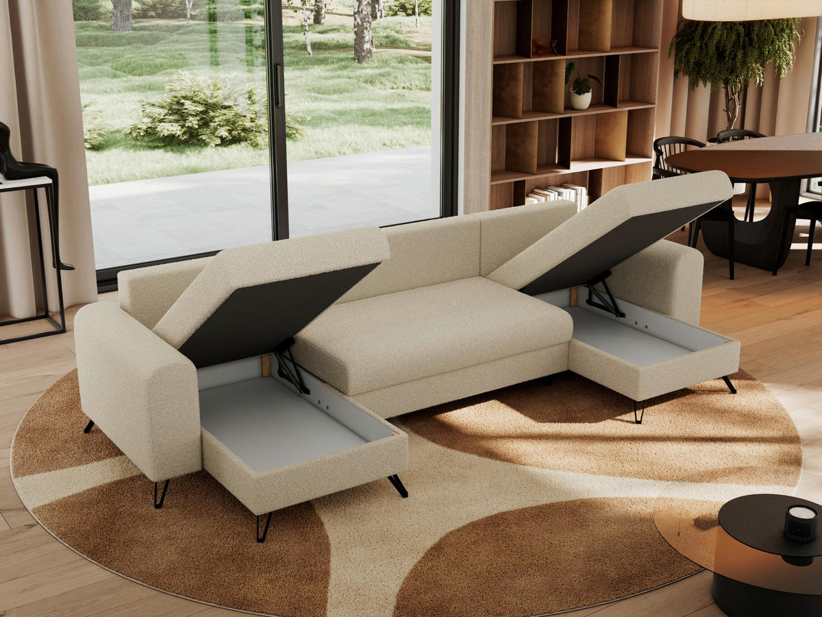 WOHNLANDSCHAFT AXEL U Boucle Beige - Beige/Schwarz, Textil/Metall (312/90/140cm) - MKS