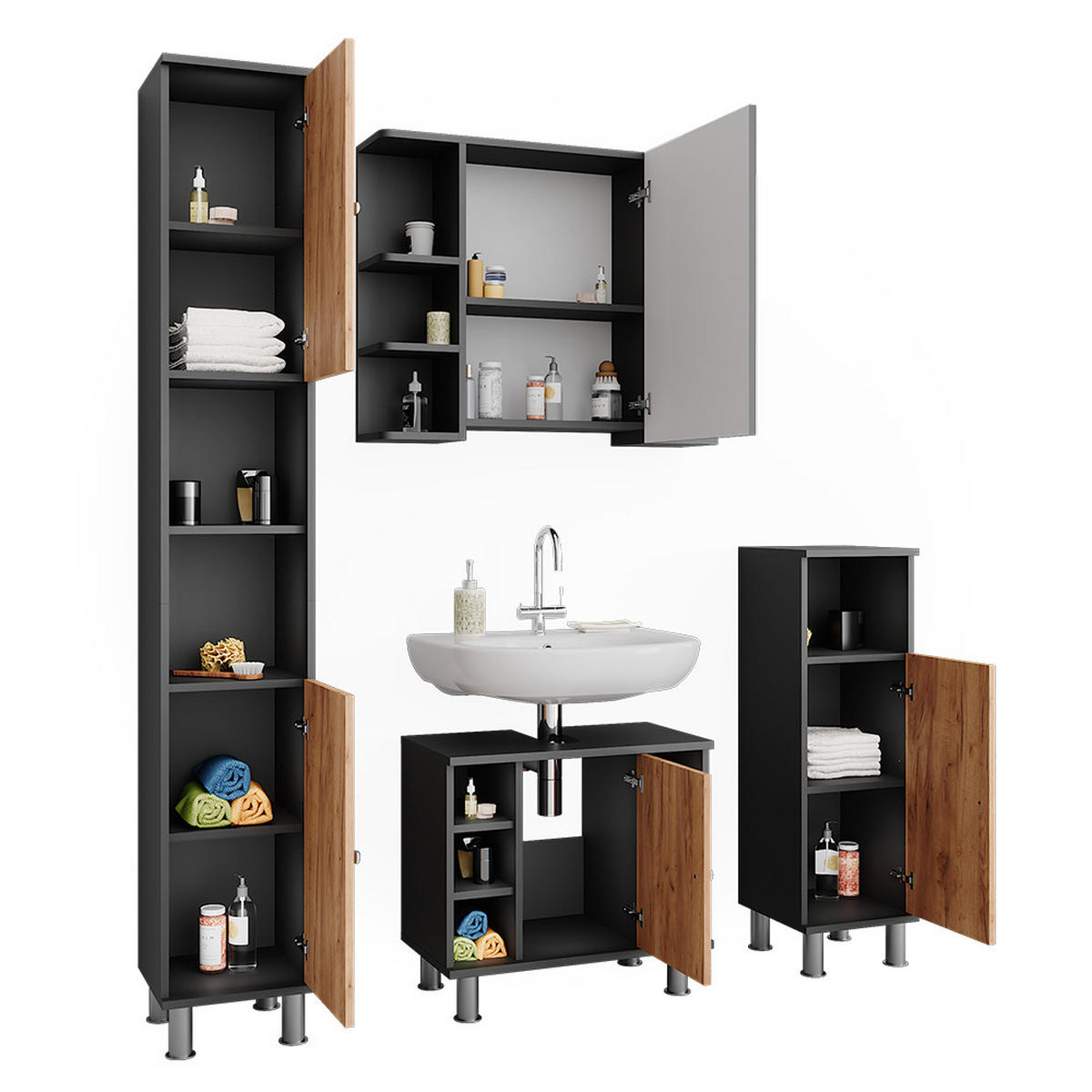 BADMÖBEL-SET Fynn Anthrazit/Goldkraft Eiche 4 Teile - Honigeiche/Anthrazit, Holzwerkstoff (60/54/32cm) - Vicco