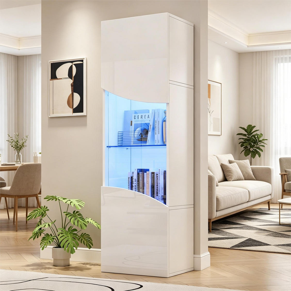 VITRINE LED Hochglanz Vitrinenschrank Glastüren 165cm Weiß - Weiß, Holzwerkstoff (35/165/50cm) - FLIEKS