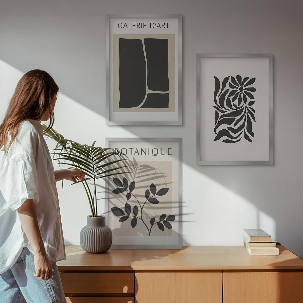 WANDBILDER 3er Set - 40x60 cm Silberner Rahmen - Abstrakte Pflanzenmuster - Silberfarben, Kunststoff (40/60cm) - ArtPrintCave