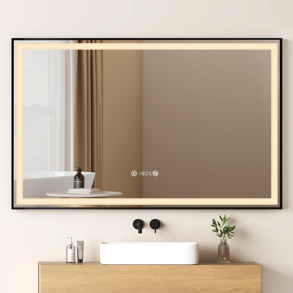 BADSPIEGEL mit Beleuchtung Schwarzer Rahmen 120/70 cm - Weiß, Glas (70/4/120cm) - EMKE