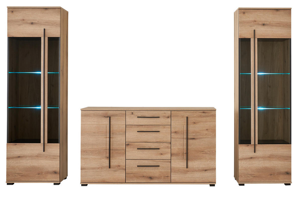 WOHNWAND Eiche Evoke, Wohnkombination 3-teilig mit Soft-Close - Eichefarben/Schwarz, Glas/Holzwerkstoff (290/200/42cm) - Furn.Design